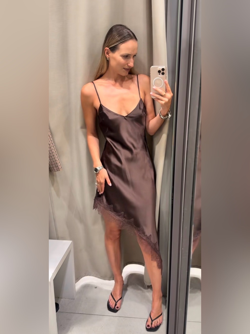 Zara Satin Slip Dress with Lace Hem in Deep Brown - Picture 11 of 17